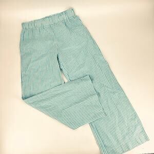 LA Relaxed Linen Blend Drawstring Striped Wide Leg Pants Aqua White Size S
